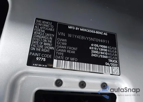2022 Mercedes-Benz Sprinter 2500 Standard Roof V6 from USA, damaged, VIN W1Y4EBVY5NT094911